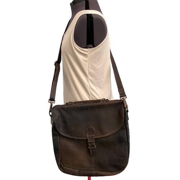 Leather Messenger Bag Color Brown Bag/Backpack Sz 14”x14”x3.5” 1 Button 1Pocket - Picture 1 of 15